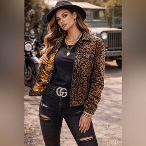 Anage Brown Leopard Print Jean Jacket